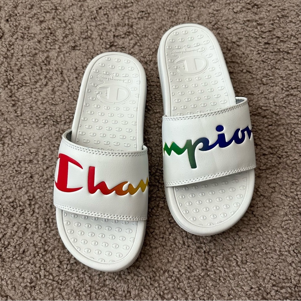 Champion Super Slides Rainbow Split Script Sandals Womens 5